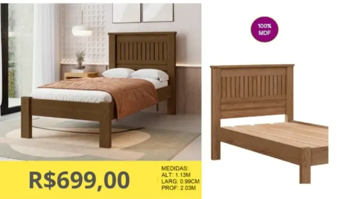 CAMA DE SOLTEIRO 100% MDF 