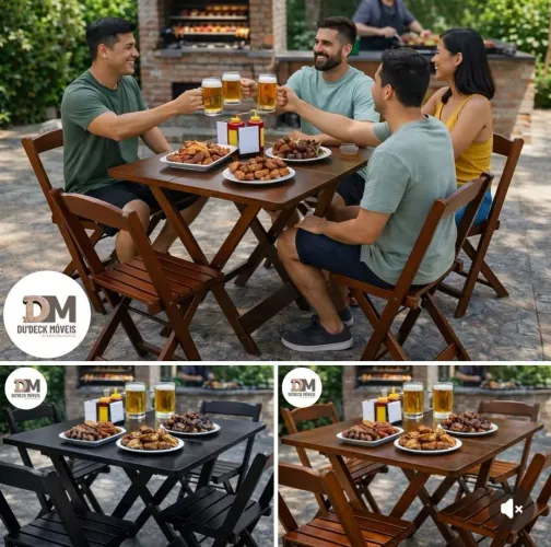 Jogo de Mesa Dobrável 70x70 Preta Reforçada + Cadeiras | Bar e Lanchonete