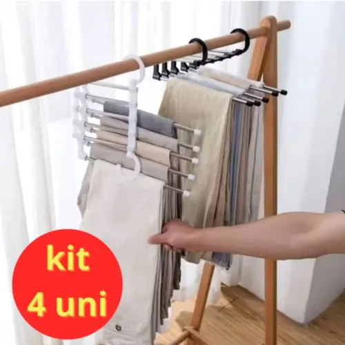 4 cabides para calças em aço inox com acabamentos em plástico branco