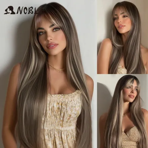 PERUCA IMPORTADA LOIRO ESCURO COM MECHAS, FIBRA SINTÉTICA PREMIUM