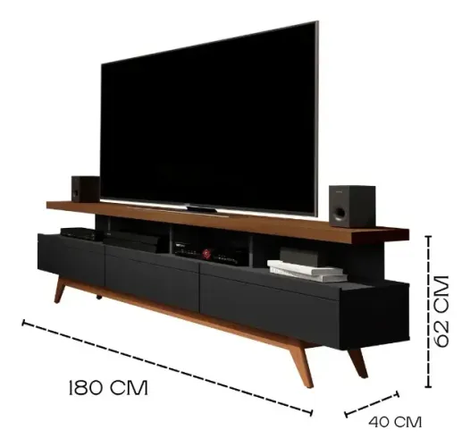 Rack Preto 1.8m para TV até 72" 3 Gavetas Pés Madeira