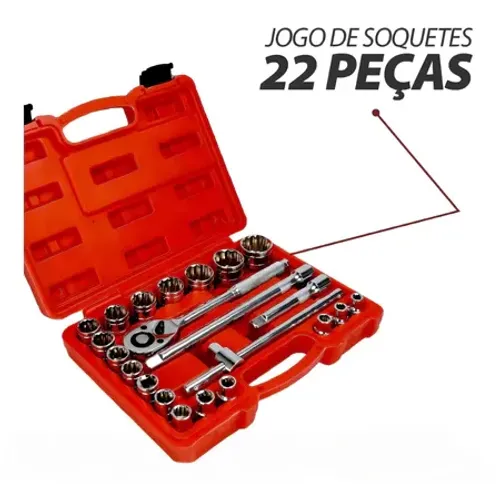 Jogo de Soquetes Estriados 22 Peças - Catraca Reversível Profissional com Estojo