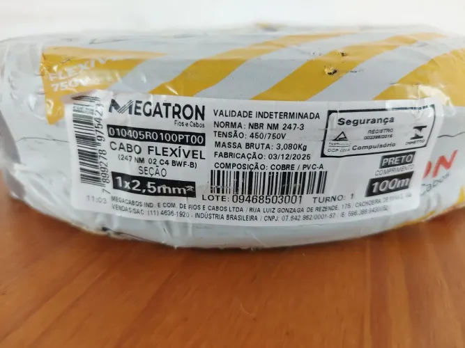 Cabo flexível megatron 2.5mm preto 100Metros.