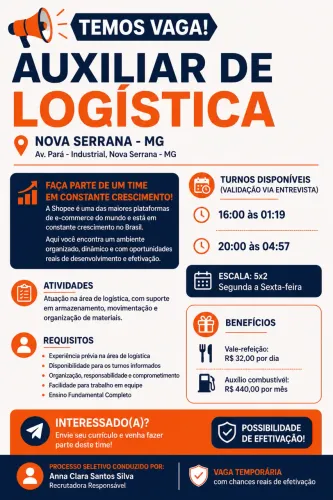 Auxiliar de Logística | Nova Serrana-MG | R$ 2.100 + Benefícios