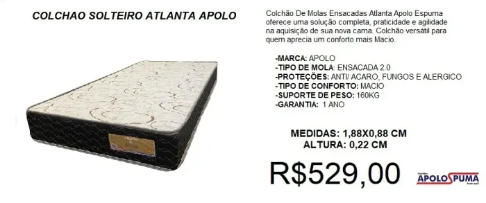 Colchão solteiro molas apolo atlanta