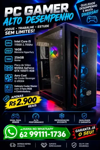Cpu Gamer I5 11500 com 16GB Memória 256GB Nvme Placa de Vídeo NVIDIA GeForce GTX 1050TI 4G