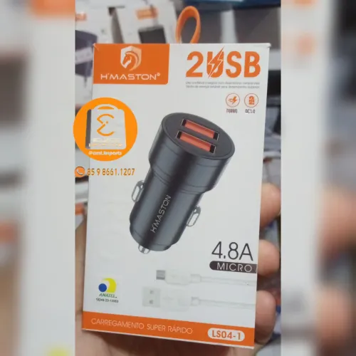 Carregador Veicular, Cinzeiro do Carro com 2 Portas USB + Cabo V8 Micro 