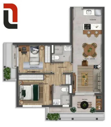 Hall Design Apto 2 quartos, sacada e 1 vaga no Centro Cívico