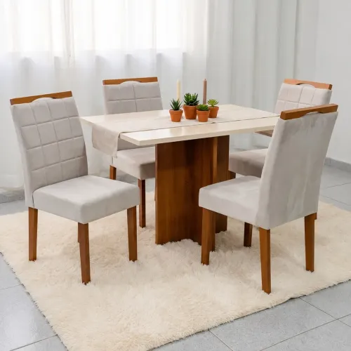 Mesa Salinas 100 (Tampo Dakota s/vidro) Cinamomo/Off White com 4 Cadeiras Las Vegas Veludo