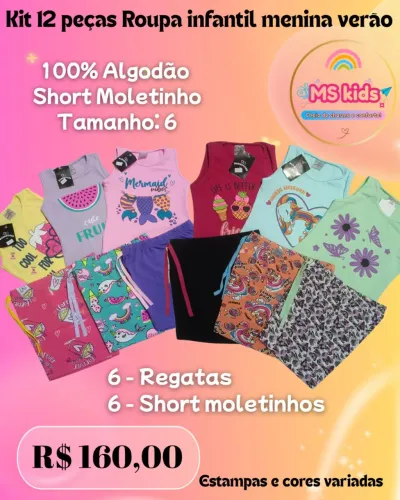 Kit 12 peças de roupas infantis, menina verão