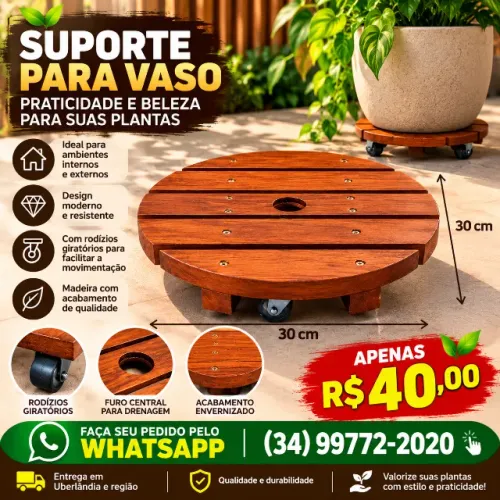 Suporte para Vaso de Madeira 30x30 cm com Rodinha