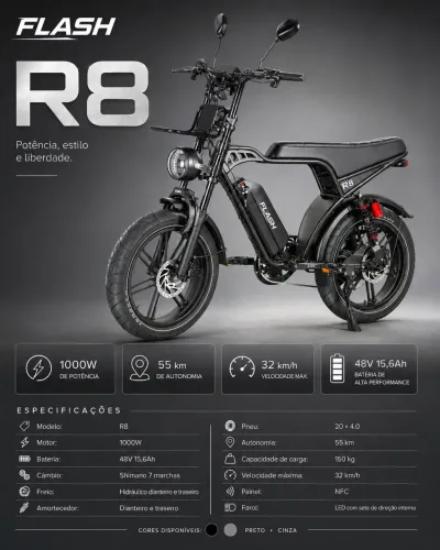 Bike Eletrica R8 (FHASH) 1000w (ZERO KM- SOMOS LOJA)