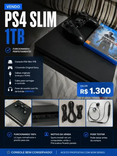? PlayStation 4 Slim 1TB + Controle Original + Brindes | Funcionando 100%