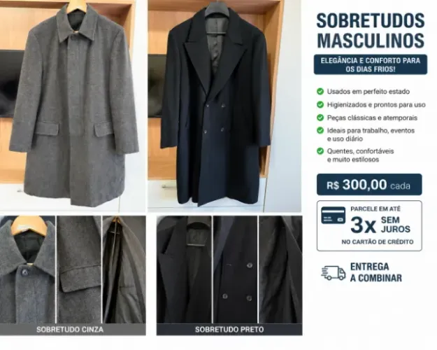 Título: Kit com 2 sobretudos masculinos, cinza e preto Descrição: Venda dos dois sobretud