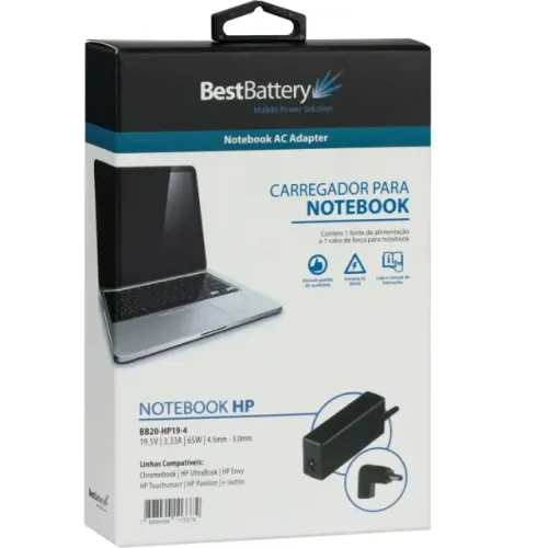 FONTE NOTEBOOK COMPATIVEL HP 19.5V 3.33A 65W 4.5MM X 3.0MM (PLUG AZUL) - LOJA DADO DIGITAL