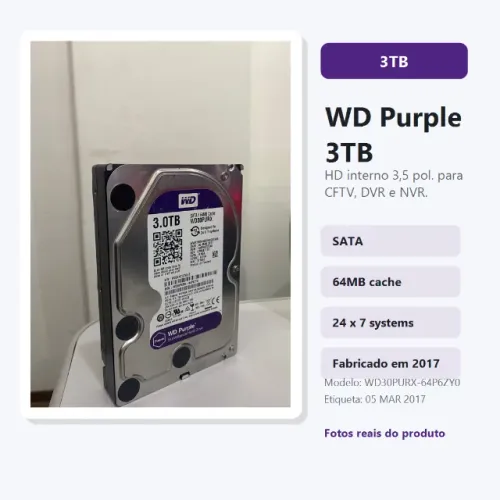 HD WD Purple 3TB SATA para CFTV DVR NVR - funcionando