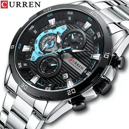 Relógio Curren 8402 Prata com Detalhes Azuis - Produto Novo e Pronta Entrega!