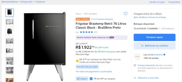  ? FRIGOBAR BRASTEMP RETRÔ CLASSIC BLACK 76L - NOVO, COM GARANTIA E DESIGN PREMIUM! ?