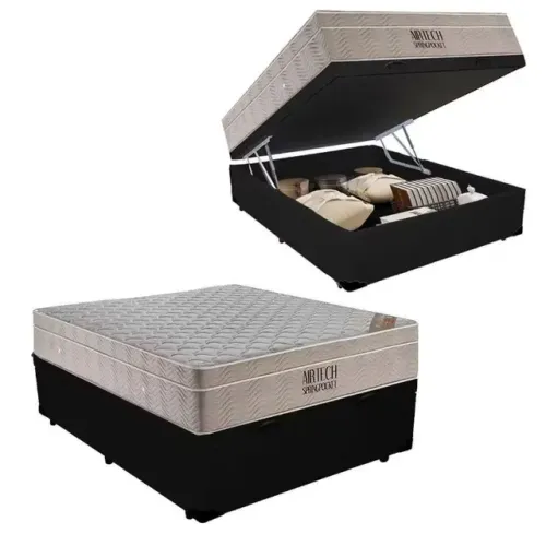 Base Box Baú Casal Preta com Colchão Casal Molas Ensacadas Ortobom - Entrega Rápida! 