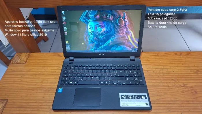 Notebook básico acer, quad core, tela 15, 4gb e ssd 120