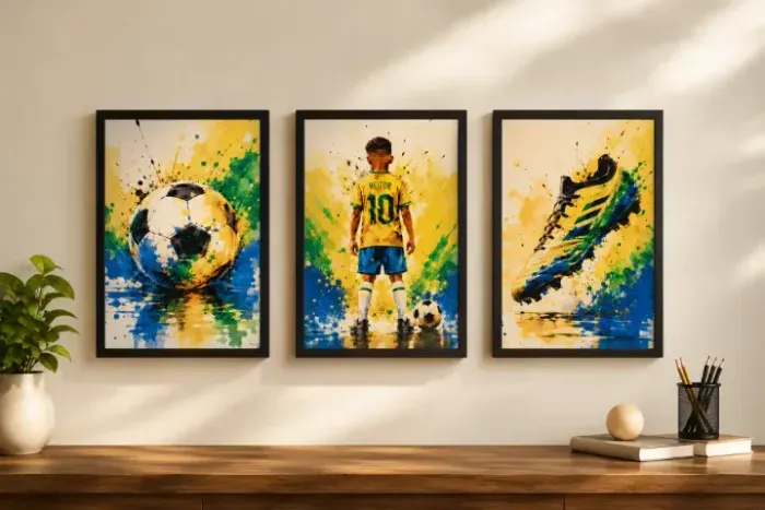 Kit 3 Quadros Futebol Infantil Personalizado com Nome | Moldura MDF Preto 33x24 cm