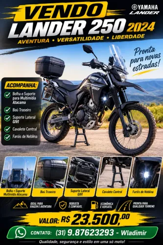 Lander 250 Completa com Bolha, Baú Traseiro, Suporte Lateral GIVI e Cavalete Central