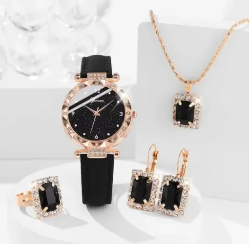 Anel Colar Brincos e Relógio Tudo Combinando Dourado com Preto