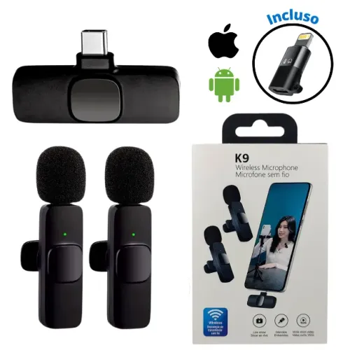 Microfone Lapela Tipo C Sem Fio Celular Android iPhone Com Adaptador Usb-C Lightning