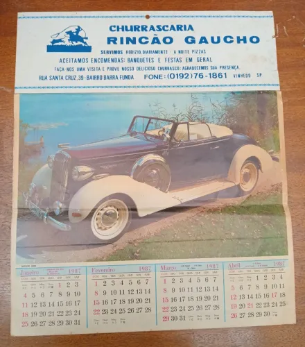 Calendário Carro Antigo de 1987