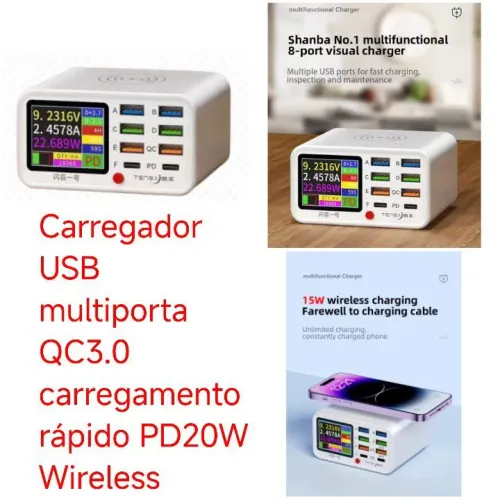 Carregador USB Multiporta com Carregamento Rápido PD20W e Wireless