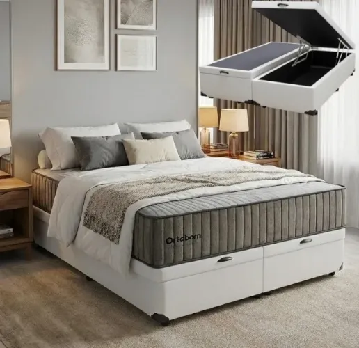 Cama Box Baú Queen Confort Premium HR33 com Base Branca