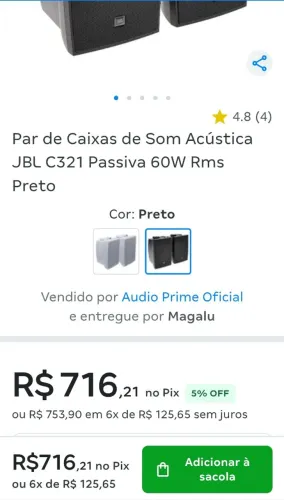 Par de Caixas de Som Acústica JBL C321 Passiva 60W Rms Preto