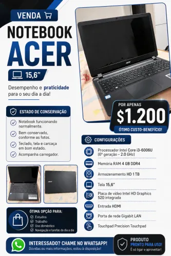 Notebook Acer Aspire ES15 i3 6ª Geração | 4GB RAM | HD 1TB | 15,6