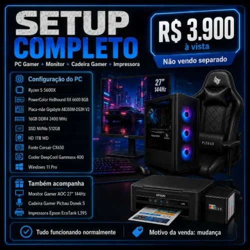 SETUP COMPLETO - Ryzen 5 5600X + RX 6600 8GB + Cadeira Gamer + Epson L395