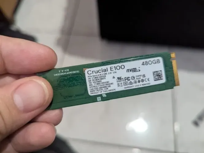 SSD Crucial E100, 480GB, M.2 2280, PCIe 4.0, NVMe, Leitura 4700MBs Gravação 2500MBs