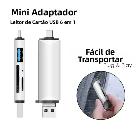 Adaptador Leitor de cartão 6 em 1 tipo C, USB e Micro USB
