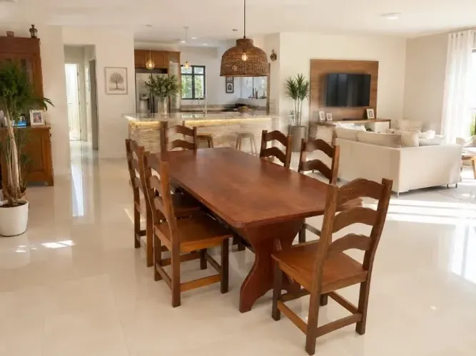 Mesa 2 Metros, Com Tampo Laminado + 6 Cadeiras Cedro e Angelim