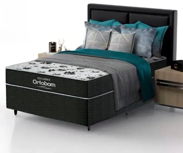 Cama Box Solteiro Ortobom Espuma D28 Ortopédica Preta Madeira 188x88cm