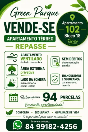 REPASSE DE APARTAMENTO NO CONDOMÍNIO GREEN PARK EM SAO GONÇALO DO AMARANTE