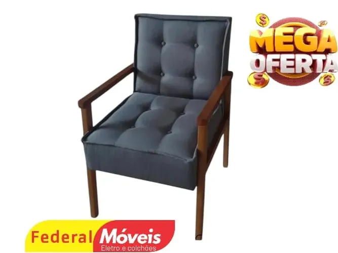 Poltrona em Linho Bege e Cinza Detalhes madeira - Promoção Imperdível!