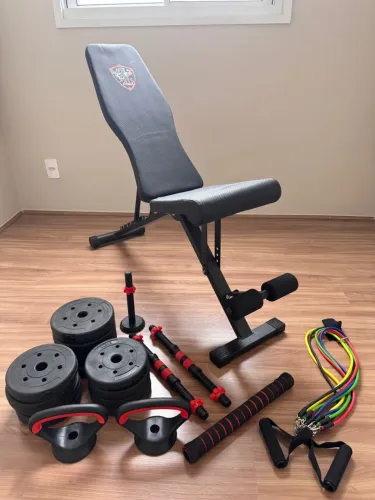 Kit de Musculação Completo - Banco de Supino Regulável + Halteres 20kg