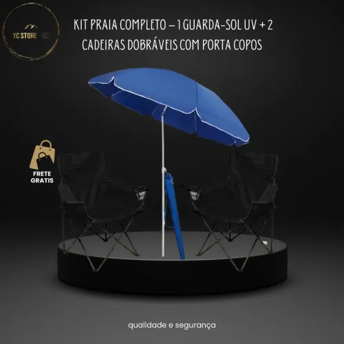 Kit Praia Completo - 1 Guarda-Sol UV + 2 Cadeiras Dobráveis com Porta Copos