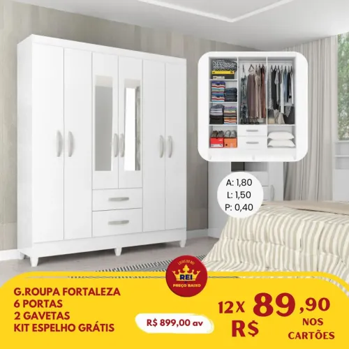 PROMOÇÃO URGENTE - Guarda-Roupa Roupeiro Fortaleza 6 PORTAS Branco apenas 12x de R$89,90