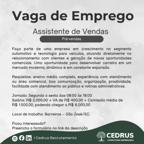 Pré-vendas / Assistente de Vendas - Comercial