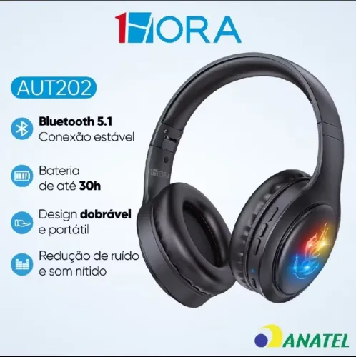 1 HORA AUT202 FONE DE OUVIDO BLUETOOTH 5.1 SEM FIO HEADENSet DOBRÁVEL COM MICROFONE. NOVO