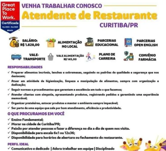 VAGA DE TRABALHO - RESTAURANTE EM CURITIBA