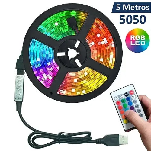 Fita de LED 5050 RGB 30 LED/m IP65 com 5 Metros e Controle - Lelong