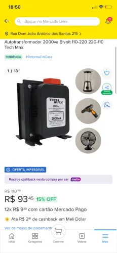 Autotransformador Techmax 2000VA Bivolt 1100W para Geladeira