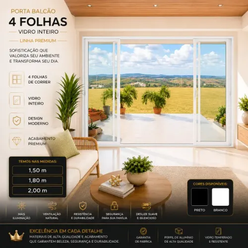 Porta Balcão alumnio branco 4 Folhas Vidro Inteiro Linha Premium direto da fabrica