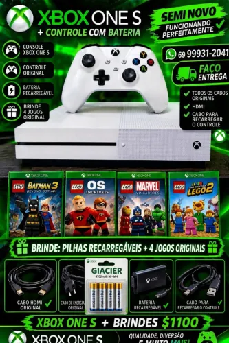  Xbox One S 1TB Semi Novo - Completo + Combo 4 Jogos LEGO + Kit Recarregável $1100